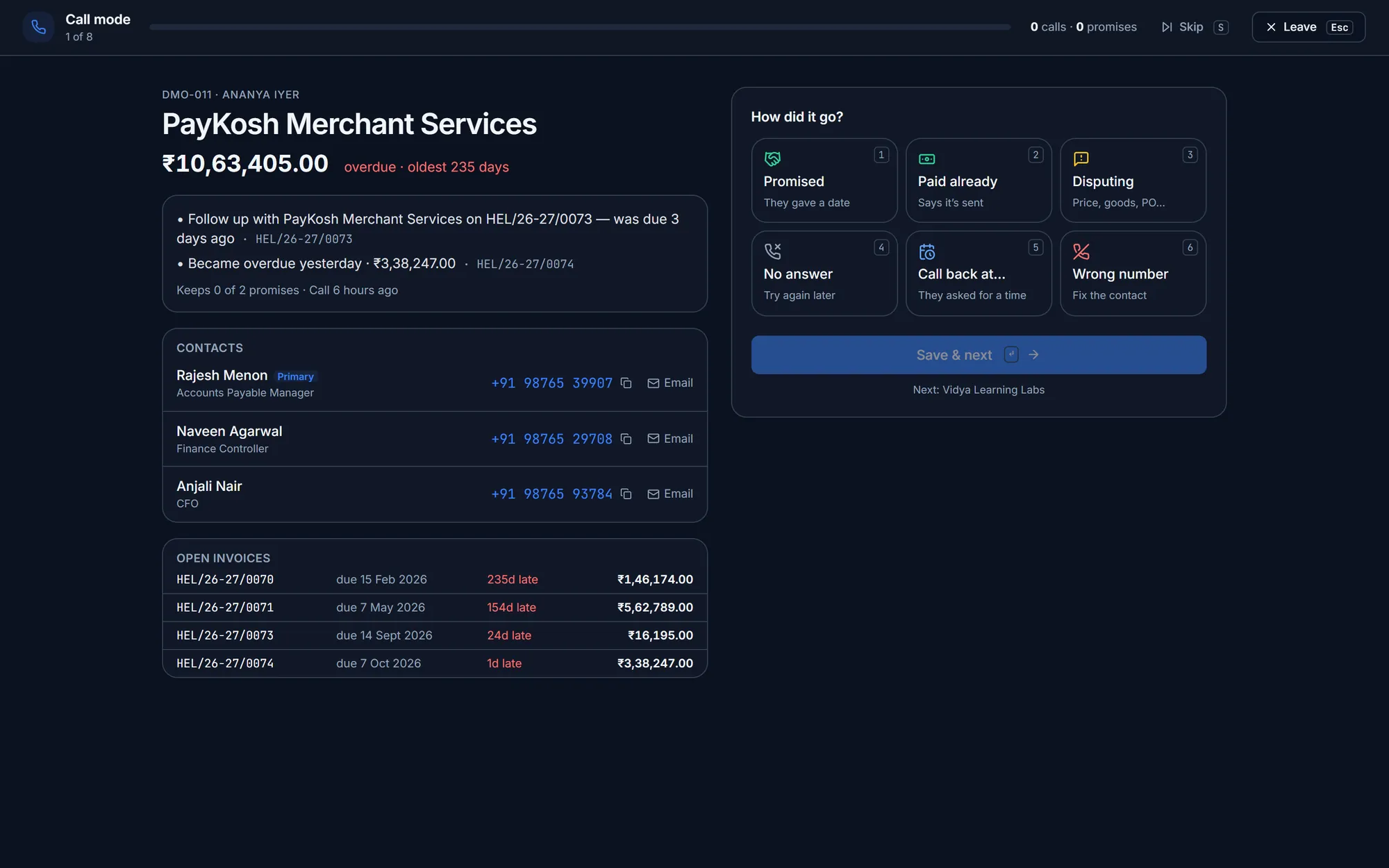 Call mode: a debtor’s overdue balance, contacts and open invoices on the left, and outcome buttons on the right: Promised, Paid already, Disputing, No answer, Call back and Wrong number.