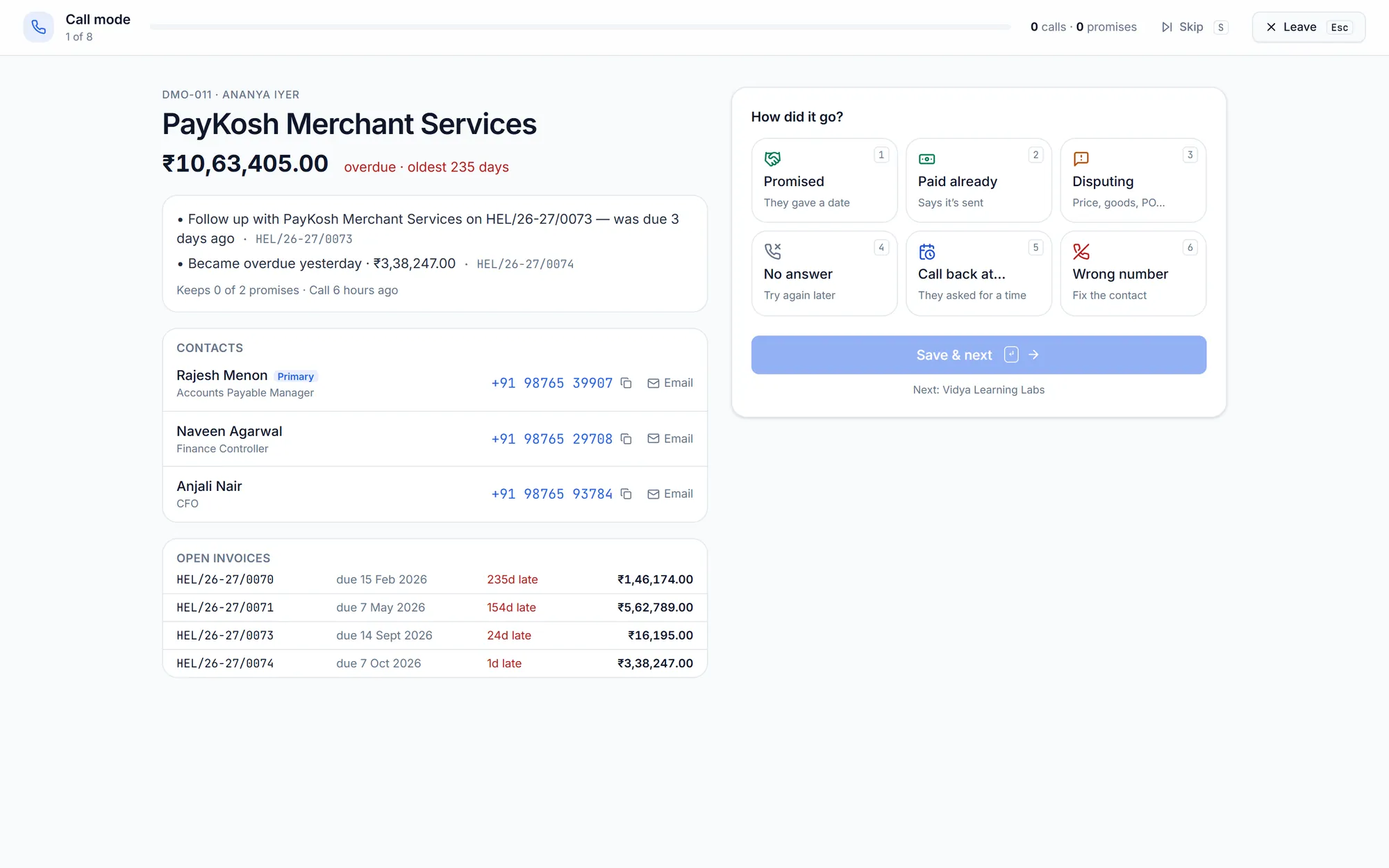 Call mode: a debtor’s overdue balance, contacts and open invoices on the left, and outcome buttons on the right: Promised, Paid already, Disputing, No answer, Call back and Wrong number.